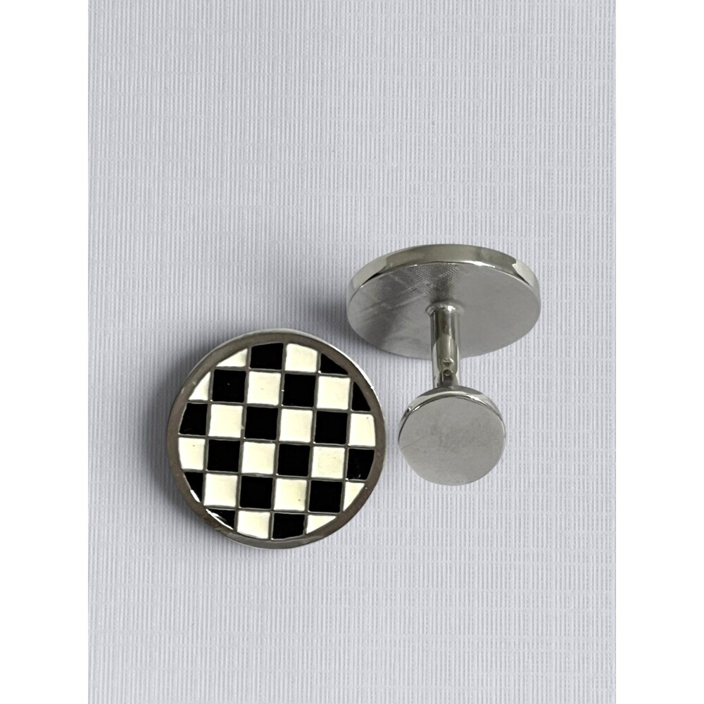 Cufflinks Silver Tone Black White Checkered Cuff Links Round Fixed Back Plaid